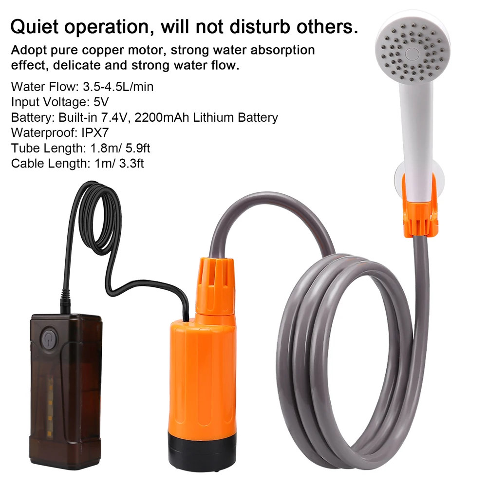 

Portable Electric Shower Pump IPX7 Waterproof with 2-Level Water Flow LED Light Outdoor Camping Hiking Shower Head