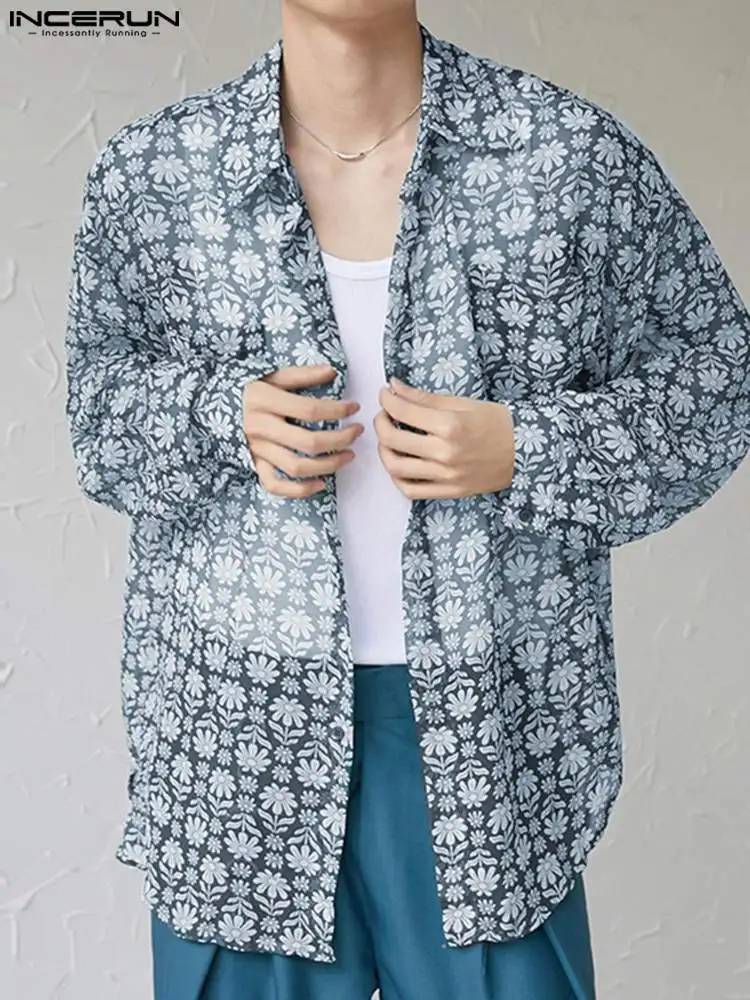 

Повседневная мужская рубашка INCERUN с цветочным принтом, полупрозрачные рубашки с отворотом и длинным рукавом, на пуговицах, 2022, модные тонкие...