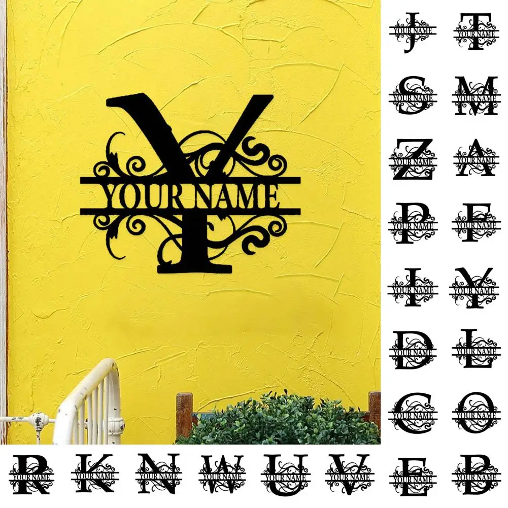 

Metal Name Sign 26 Letters Personalized Monogram Flowers Last Name Family Sign Rustic Iron Door Wreath Wall Hanging Art Decor