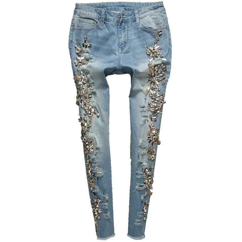 25-32!spring autumn fashion Diamond Jeans Beadeding Women hole Blue Pencil Denim Vintage skinny jeans
