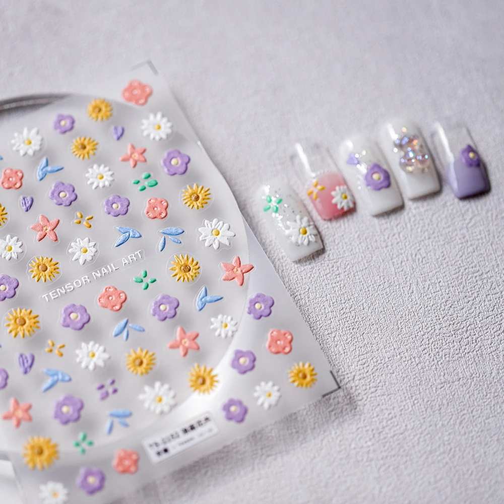

New Coloured Series 5D Embossed Nail Art Stickers Oil Painting of Flowers Pattern Decor Design UltraThin Sliders Manicure Decals