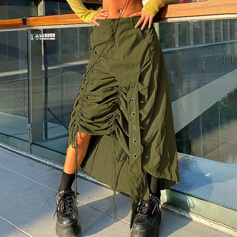 

Женские однотонные юбки с рюшами, завязки на пуговицах, завязки, бандажи с вырезами, Длинные асимметричные юбки Y2K в уличном стиле