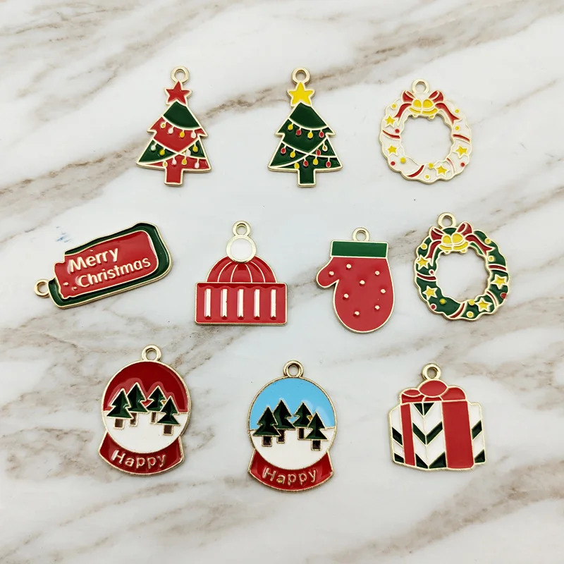 

New 10pcs/lot Enamel Christmas Tree Charms Garland Hat Pendant DIY Necklace Earring for Jewelry Making Accessories