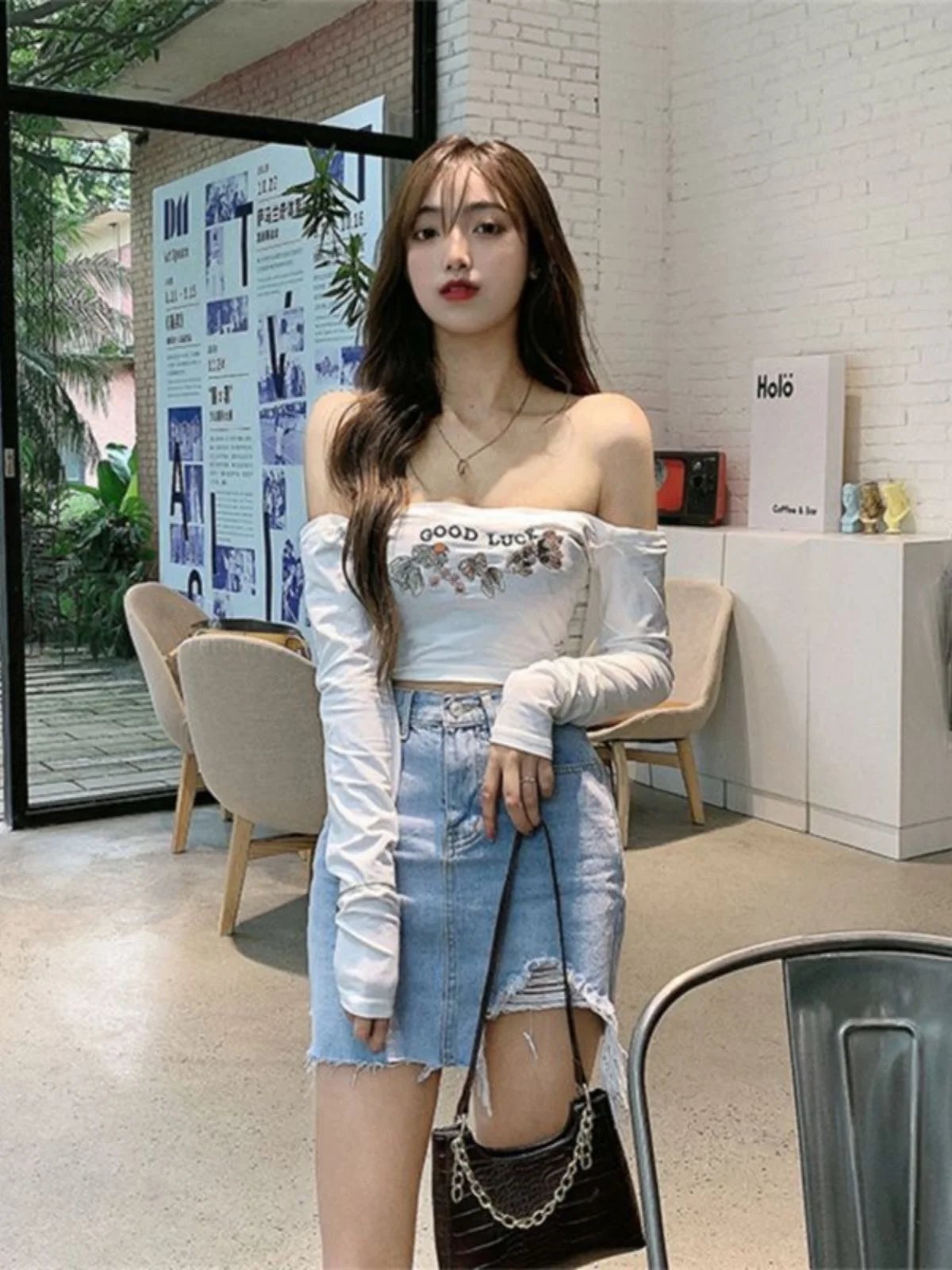 Gyaru Sle сексуальная рубашка с открытыми плечами и длинными рукавами женская