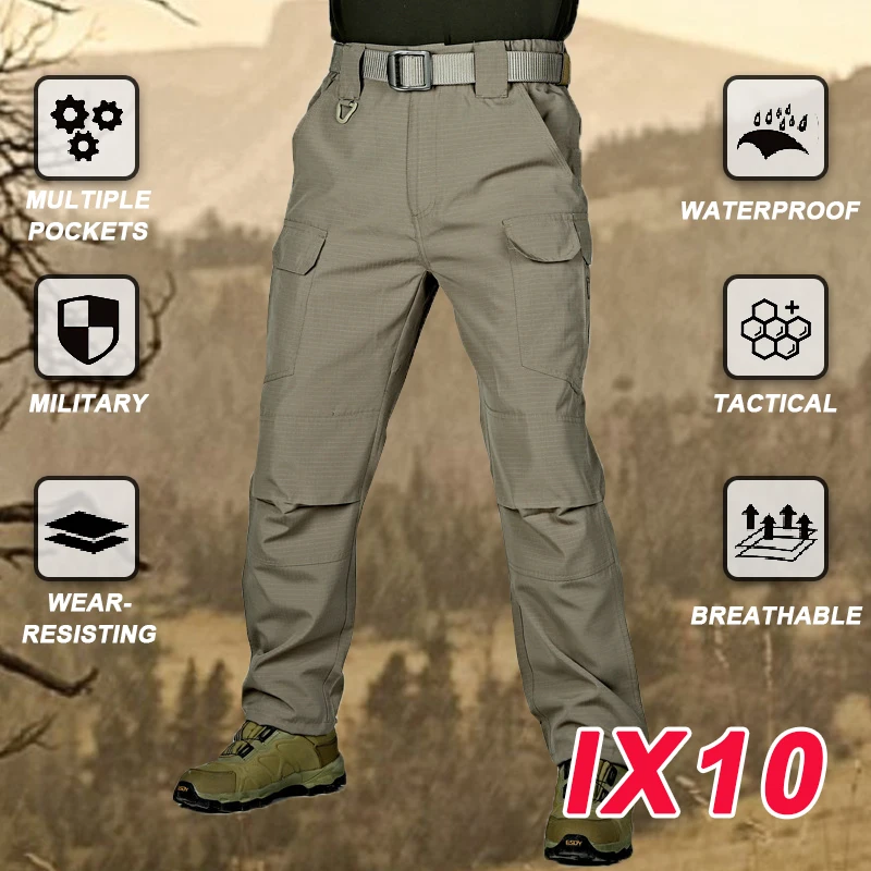 New Military Soild Tactical Pants For Men Fashion Fitness Gridded Waterproof Cargo Pants Men's Army Wear Resisting Work Trousers