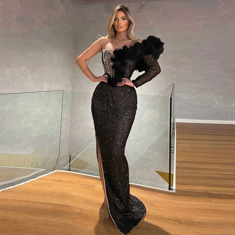 

Luxury Elegant Mermaid Evening Dresses One Shoulder Long Sleeves Ruffles Sequins Shiny Split Women Pageant Gowns Custom Made
