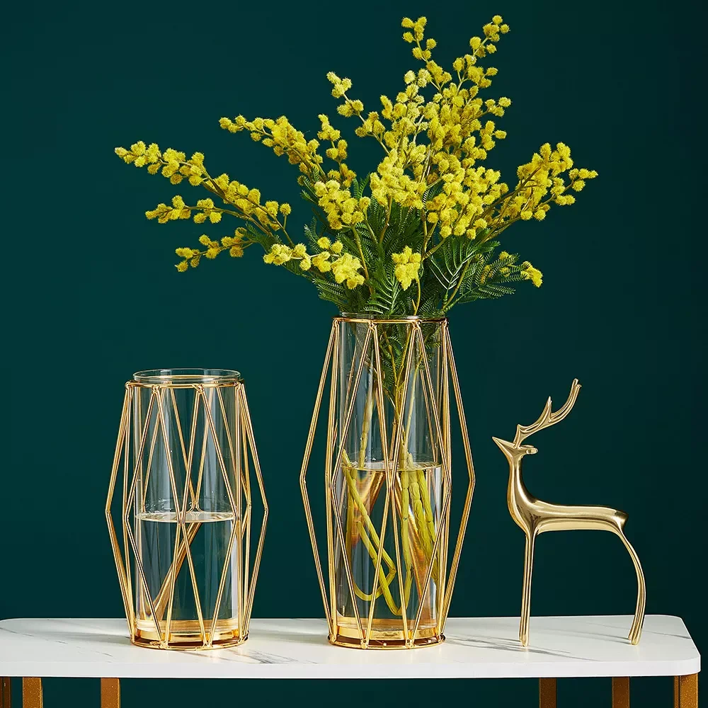 

Home Decor Holiday Wedding Decor Gift Modern Wrought Iron Glass Vase Geometric Shape Creative Vase Green Plant Vase Living Room