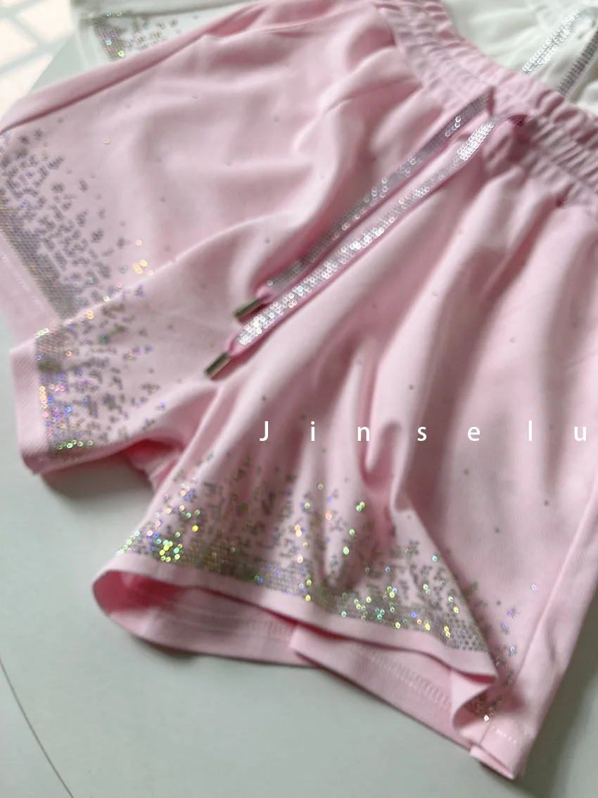 2023 New Summer Rhinestone Chic Shorts Women's High Waist Loose Temperament Shiny Cotton A-line Wide-Leg Hot Pants Booty Shorts