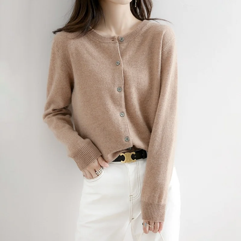 

Women's Sweater 2023 Cashmere Cardigans V-neck Single Breasted Short Slim Lady Brown Knitwear Tops Solid Korean Femme Cardigan