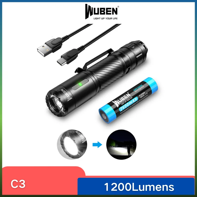 WUBEN C3 LED Flashlight Type-C Rechargeable High-powerful Troch Light 1200LM With Battery Waterproof Camping Lantern