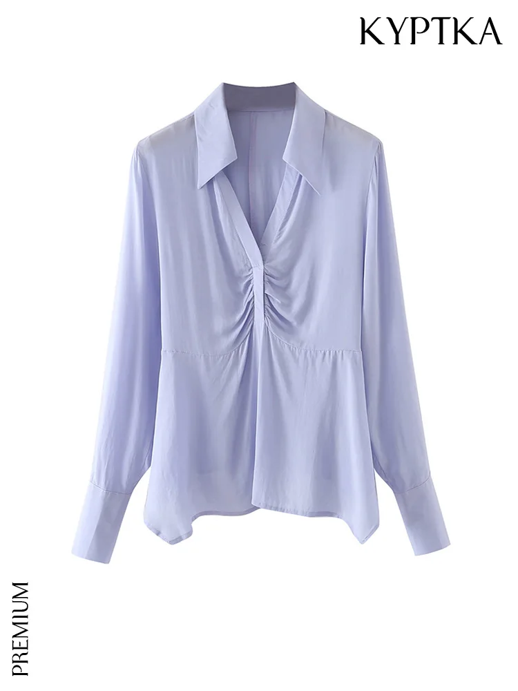 

KYPTKA Woen Fashion Pleated Asymmetry Blouses Vintage Long Sleeve Side Zipper Female Shirts Blusas Chic Tops