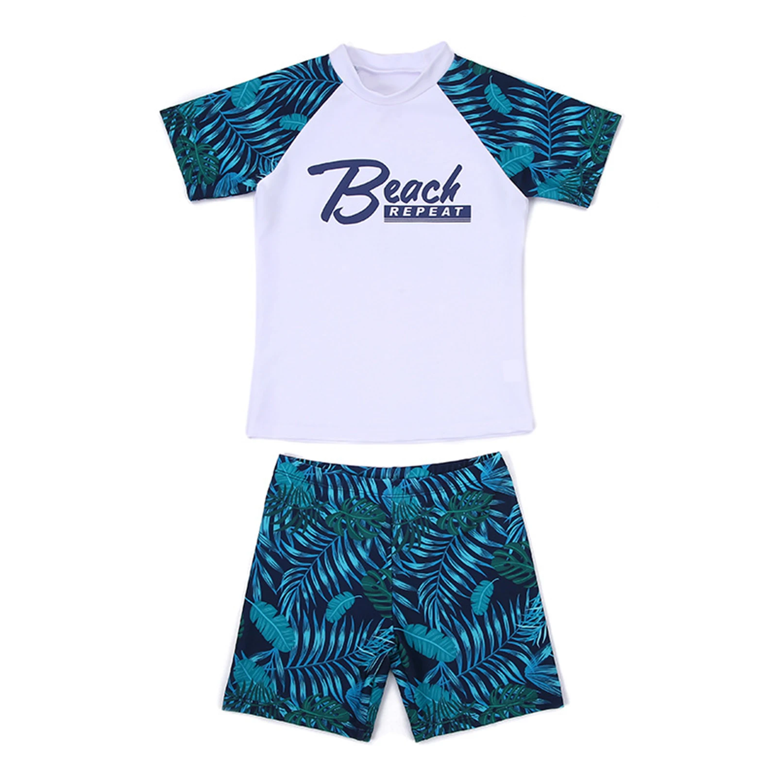 Kids Boys Summer Two Piece Swimsuit Beachwear Bathing Suit Quick-Dry Short Sleeve Swim Tops with Elastic Waistband Trunks