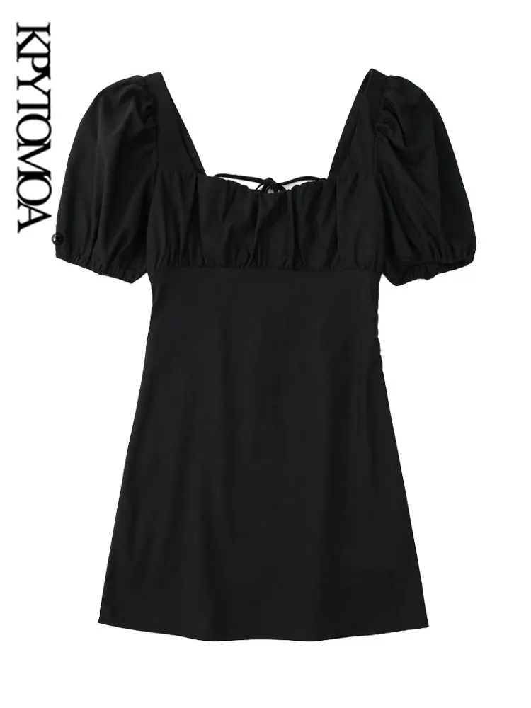 

KPYTOMOA Women Fashion With Square Cut Neck Linen Mini Dress Vintage Puff Sleeve Backless Ties Thin Straps Female Dresses Mujer