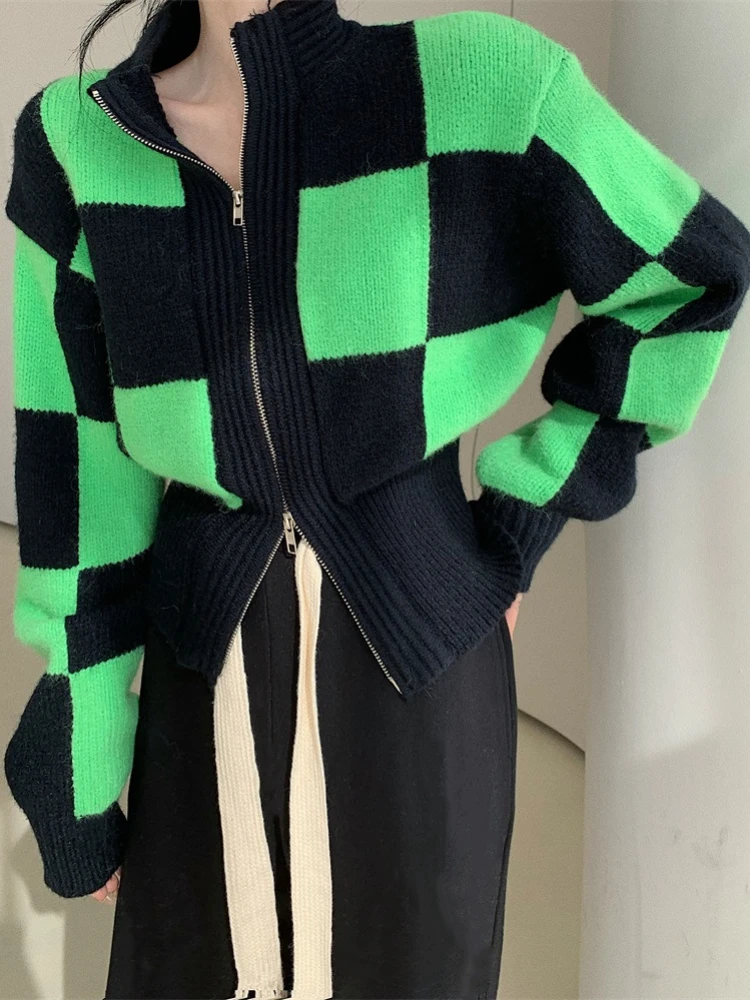 

Winter Clothes Women Cardigan Korean Fashion Vintage Long Sleeve Top Knitted Sweater Kawaii Clothes Slim Zip Stand Collar Coats