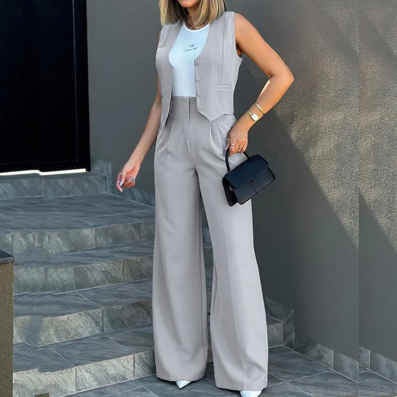 

New Fashion Office Lady Waistcoat And Wide-Leg Pants Casual Suit Women Commute Vest Top Trousers 2 Piece Set Solid Color Outfits