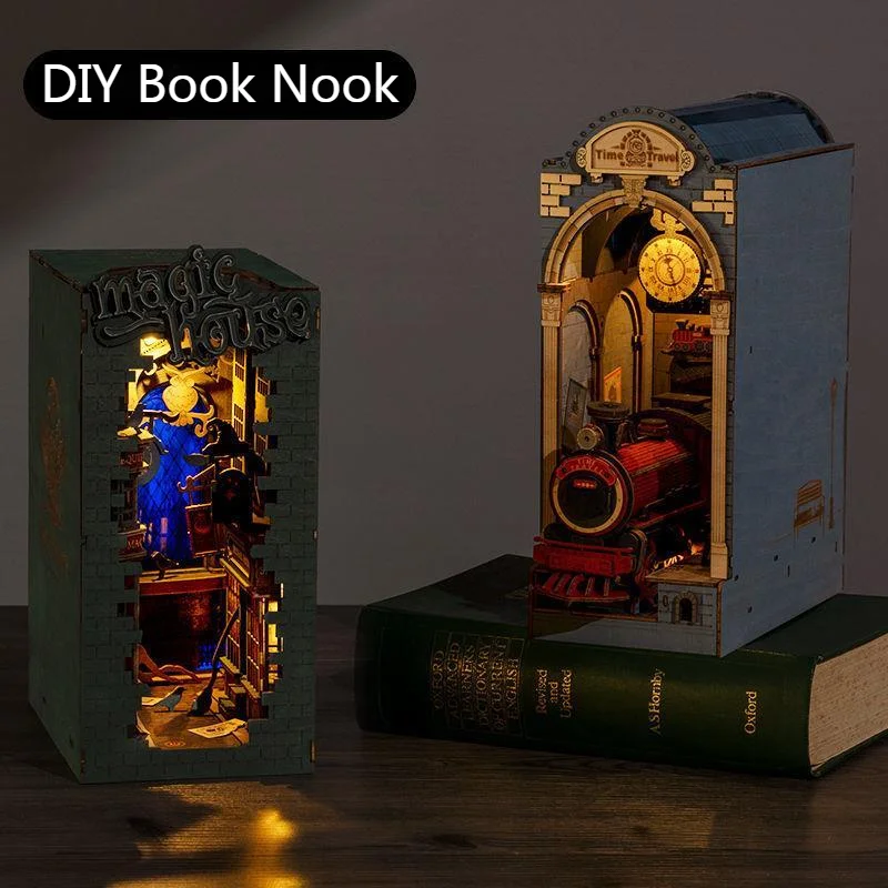diy book nook kit wooden magic harry cabin bookshelf model 3d calligraphy dollhouse art house room decoration toy creative gifts free global shipping