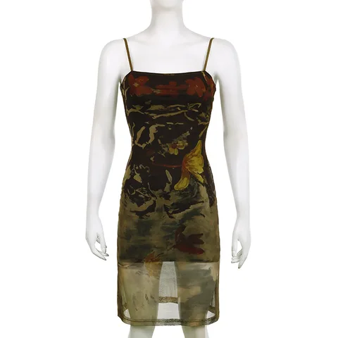 Auyiufar Сетчатое прозрачное винтажное платье средней длины с принтом тёмное Y2k эстетичное женское платье Goblincore на бретельках с открытой спиной наряды 2023