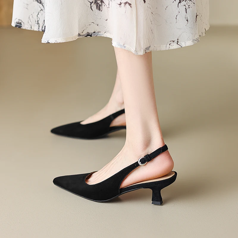2023 New Split Leather Women's Summer Baotou Sandals Pointed Toe Stiletto Black Yellow Beige Fashion Casual Shoes for women