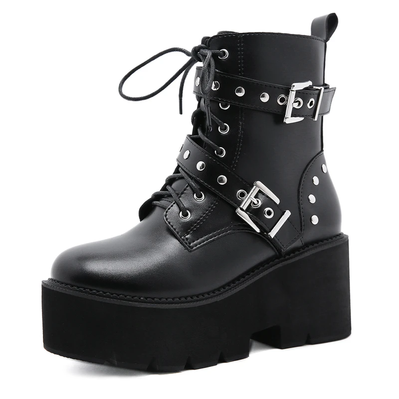 

Autumn Winter New Platform High Heel Fashion Nightclub Women's Shoes Metal Square Buckle Ankle Boots 04A