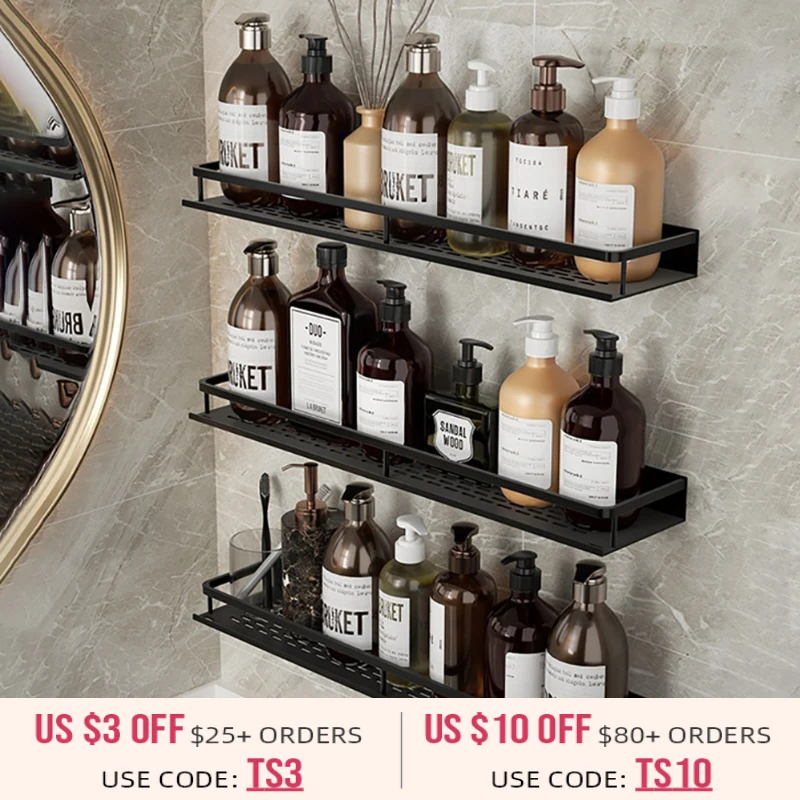 30 50cm black bathroom wall shelf without drilling rustproof aluminum storage rack for kitchen shower bathroom organizer free global shipping