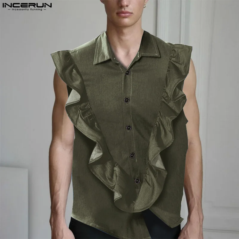 

Модные повседневные стильные новые мужские топы, блузка без рукавов с оборками INCERUN 2023, красивые мужские однотонные рубашки с лацканами и пу...