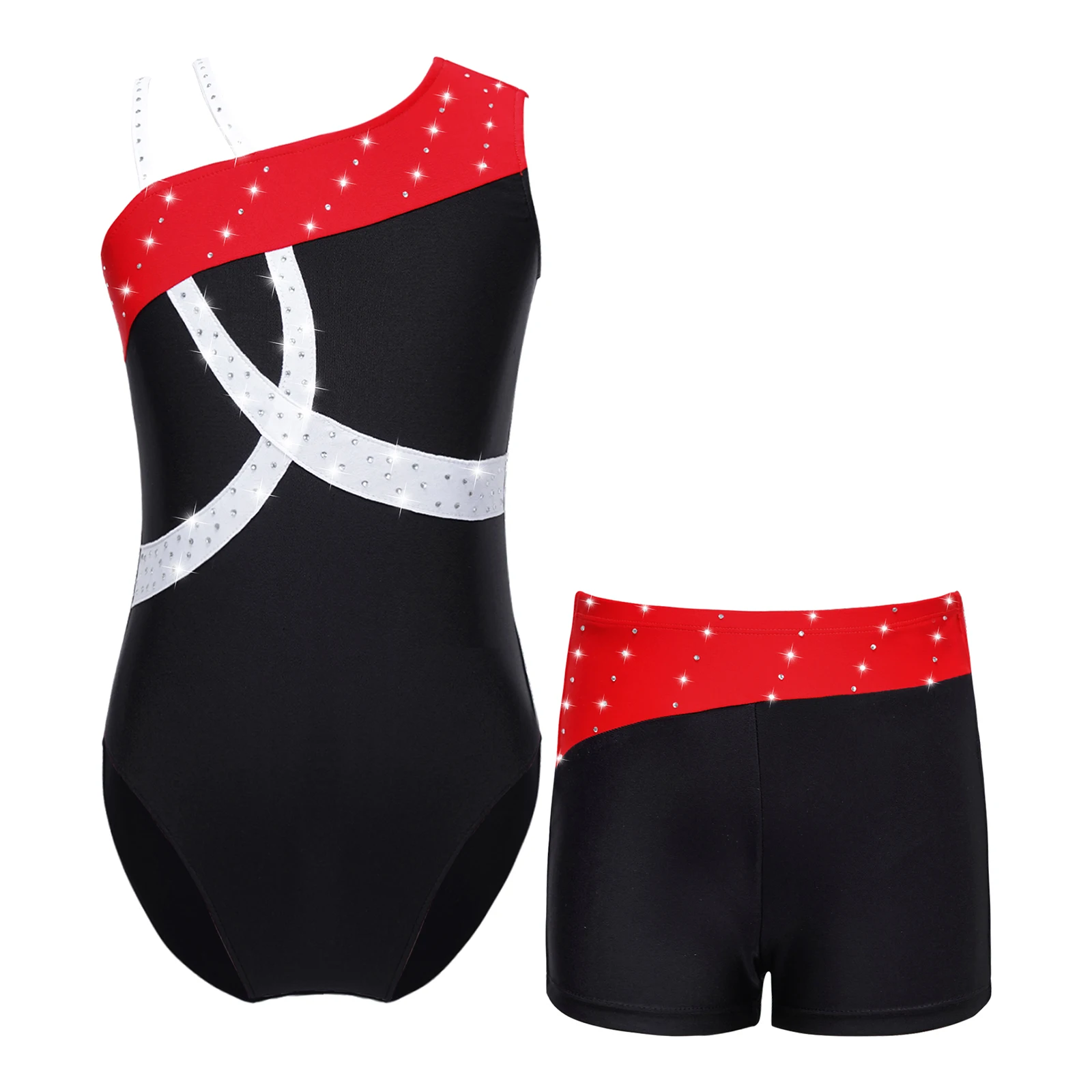 Kids Girls Oblique Shoulder Shiny Rhinestone Gymnastic Jumpsuit with Elastic Waistband Boxer Bottom Ballet Leotard
