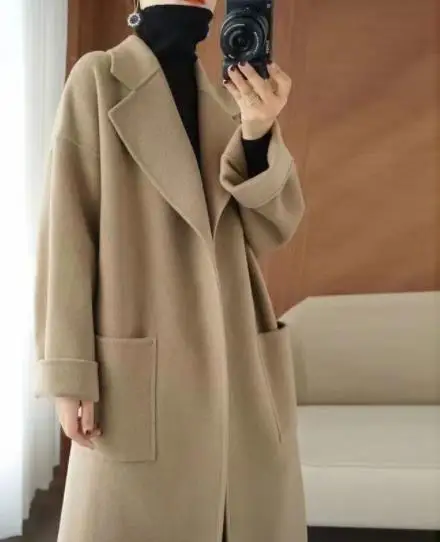 

Женское шерстяное пальто, сезон осень-зима 2022, двухстороннее кашемировое длинное пальто с поясом и большими карманами, шерстяное теплое пальто, модная женская винтажная верхняя одежда