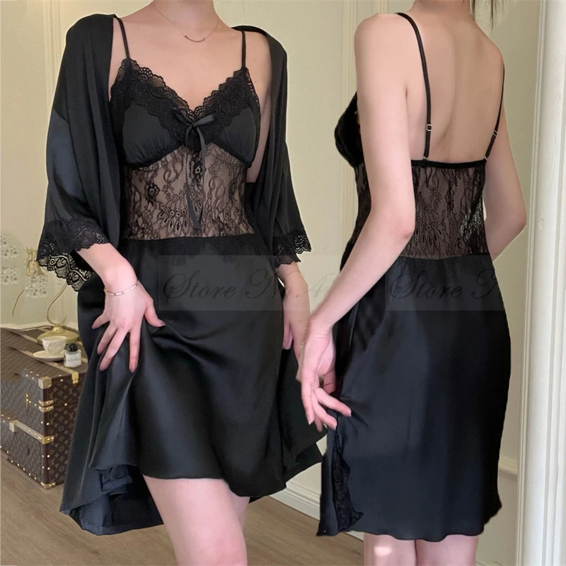 

Sexy Perspective Lace 2PCS Robe Nightgown Set New Spring Summer Female Sleepwear Nightdress Loose Silk Satin Bathrobe Home Wear