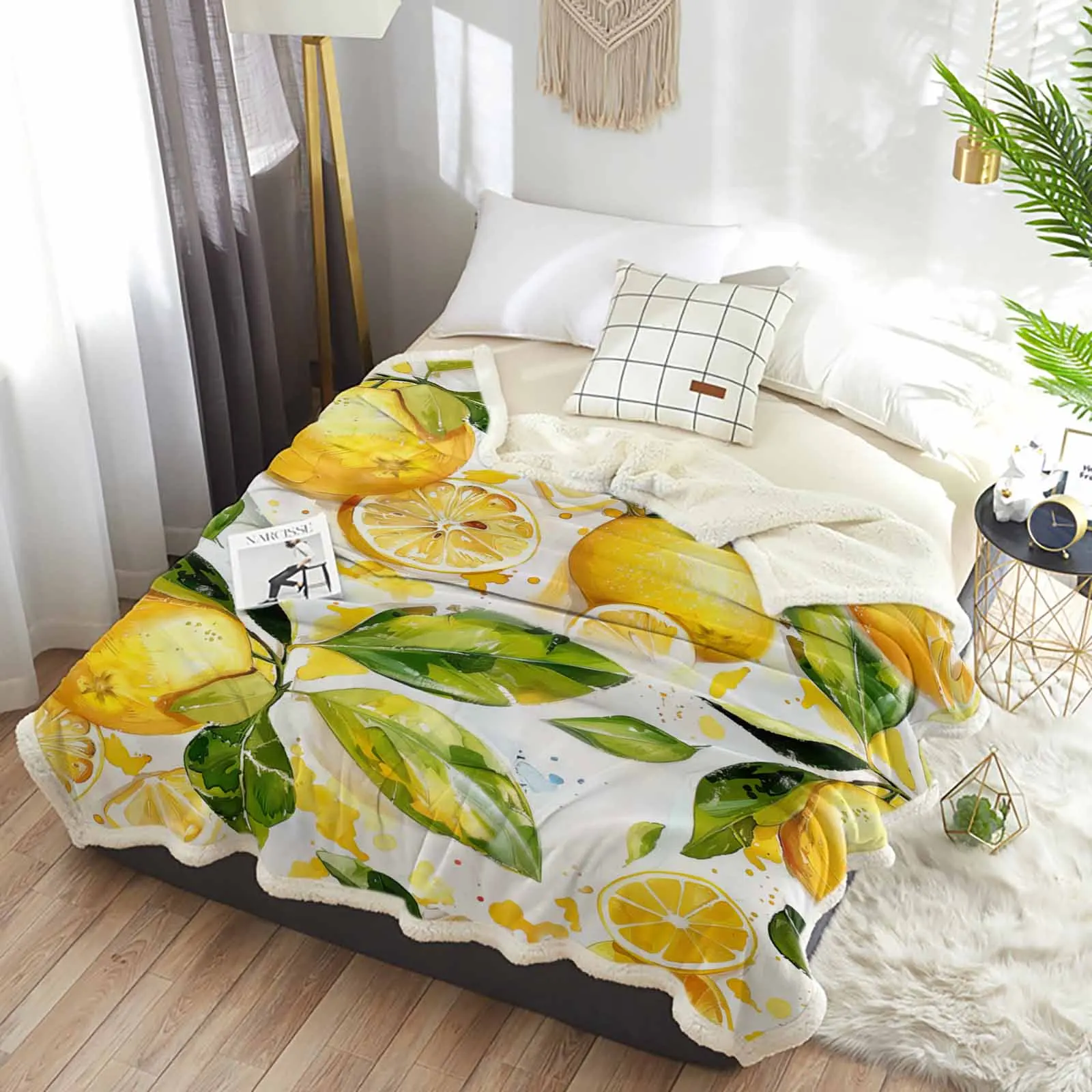 Кашемировое одеяло с листьями лимона акварелью теплые зимние мягкие пледы