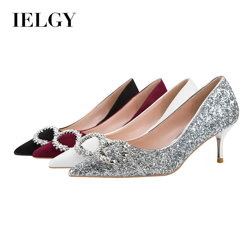 

IELGY Ladies high heels fashion sexy nightclub slim stiletto shallow mouth pointed sequin cloth belt buckle shoes