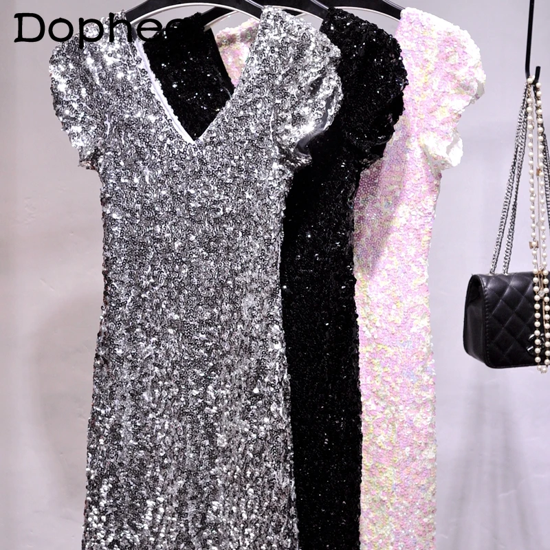 

Fashion Sequined V-neck Bodycon Dresses Women Puff Short Sleeve Sequins Stage Performance Party Mini Dress 2022 New Summer Dress