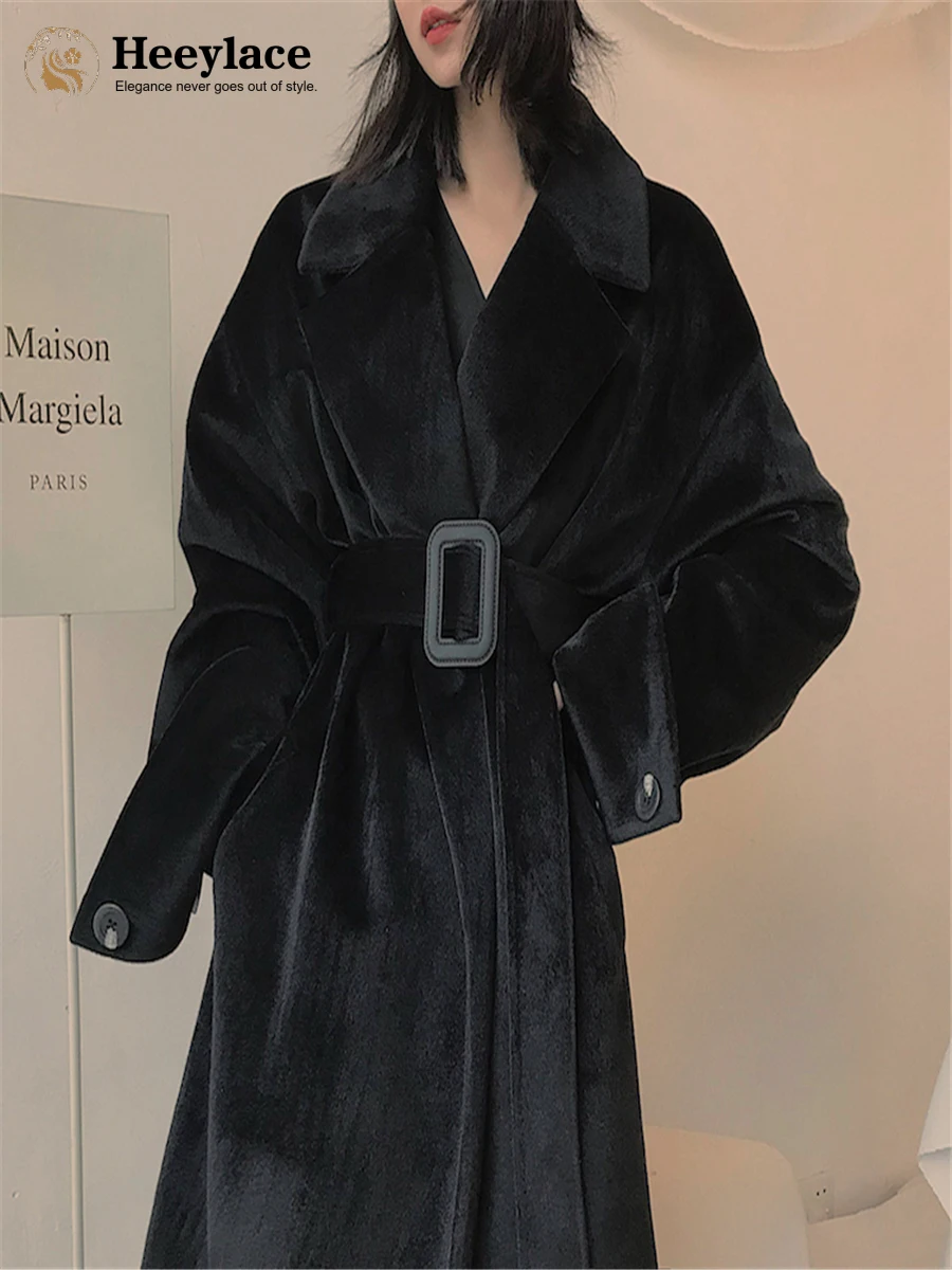 2023 Winter Oversized Long Black Faux Fur Belt Long Sleeve Loose Warm Korean Design Fashion Fake Mink Fur Trench Women Coat
