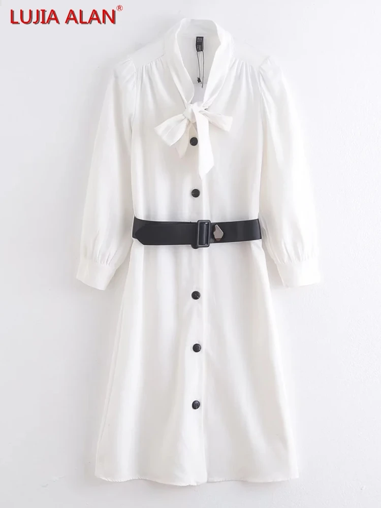 

Женское платье с V-образным вырезом и бантом, белое летнее женское платье средней длины с длинным рукавом, Vestidos LUJIA ALAN D9967