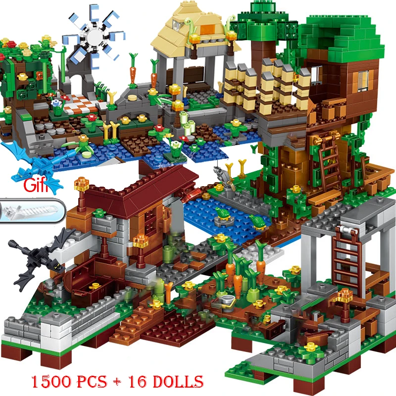 2022 New My Worlds Cave compatibili Building Blocks Village City Tree House cascata Warhorse Bricks Toys for Children Gift