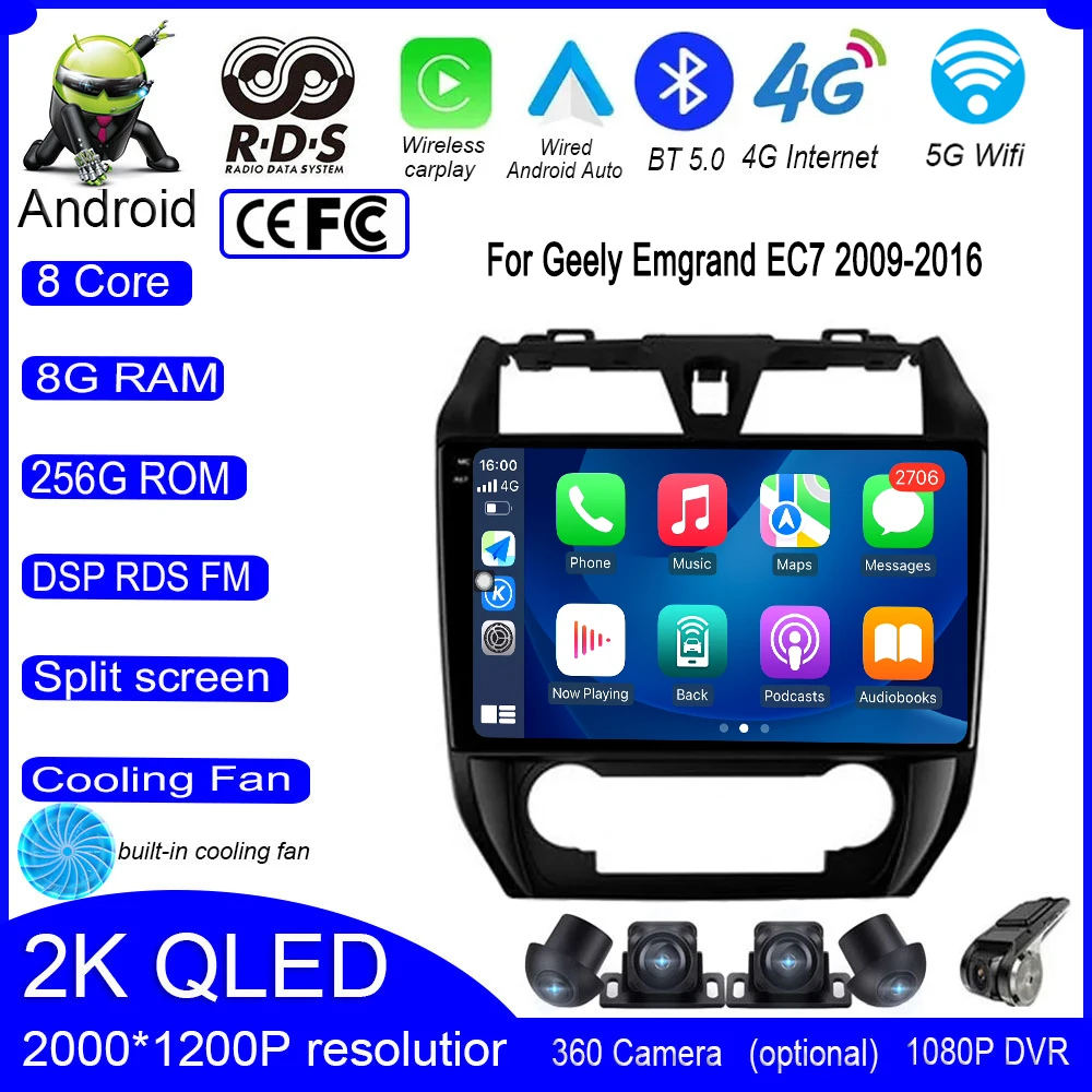 

9 Inch IPS QLED DSP Android 13 For Geely Emgrand EC7 2009 2016 Car Audio Player Autoradio Stereo Carplay Video Multimedia Screen
