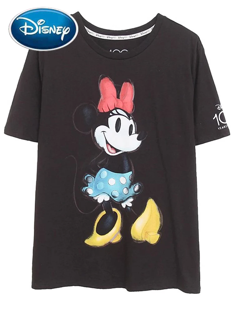 

Disney Castle/100-летняя Милая футболка с принтом Минни Маус, модная женская футболка с круглым вырезом и короткими рукавами, черные женские топы