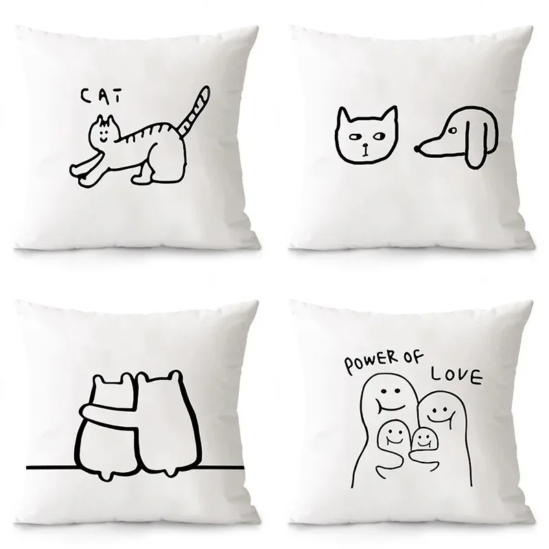 Черно-белая наволочка с животными и линиями украшение интерьера наволочки для