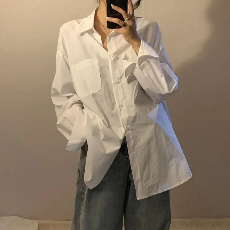 Harajuku Korean Preppy Pocket Long Sleeve Casual Top Autumn All Match Single Breasted Outerwear