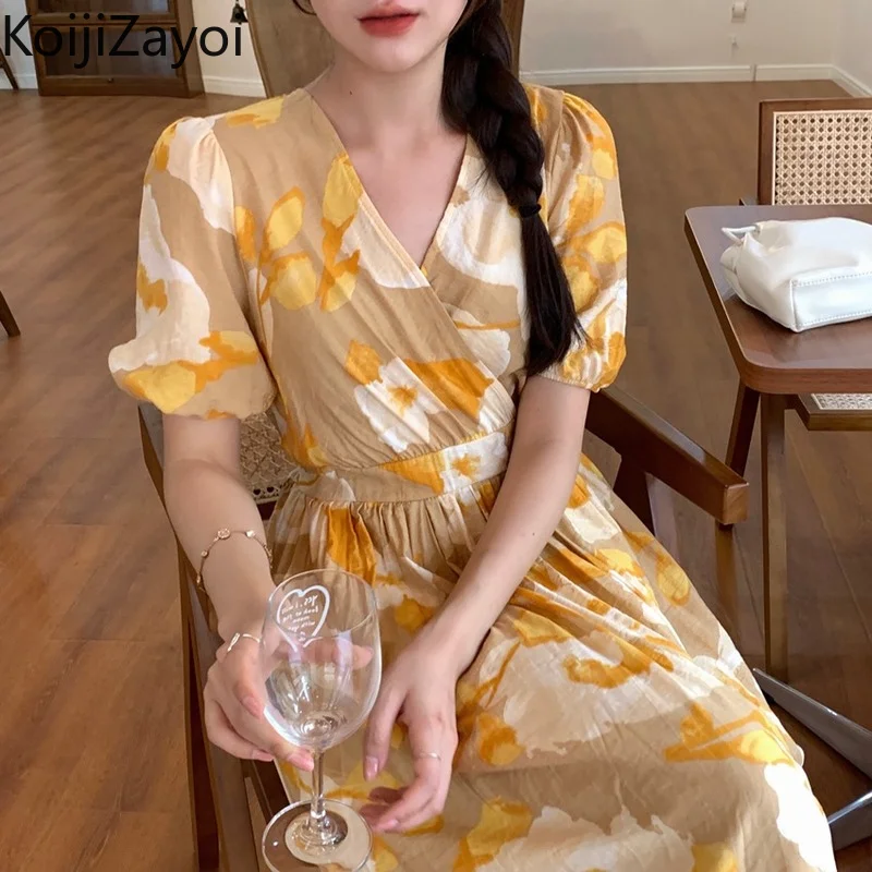 

Koijizayoi Fashion Women Summer Maxi Dress Floral Short Sleeves V Neck Bodycon Party Dresses Vintage Pleated A Line Vestidos