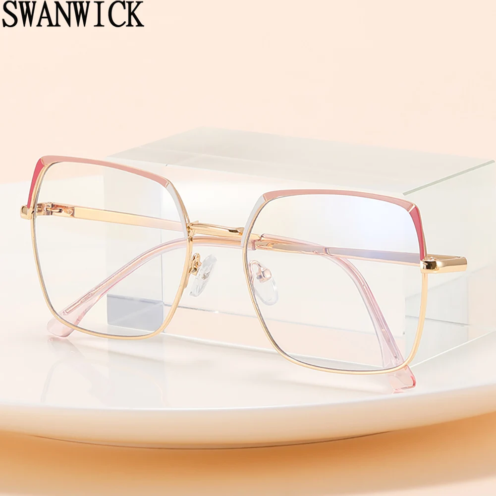 

Swanwick full metal female blue light square glasses big frame clear lens fashion eyeglasses for women gold gray red gift items