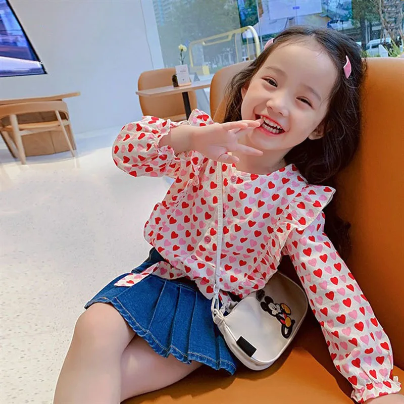 

2-8T Toddler Kid Baby Girls Clothes Heart Print Girls Shirts Elegant Ruffles Long Sleeve Blouses Cute Sweet Streetwear Outfits