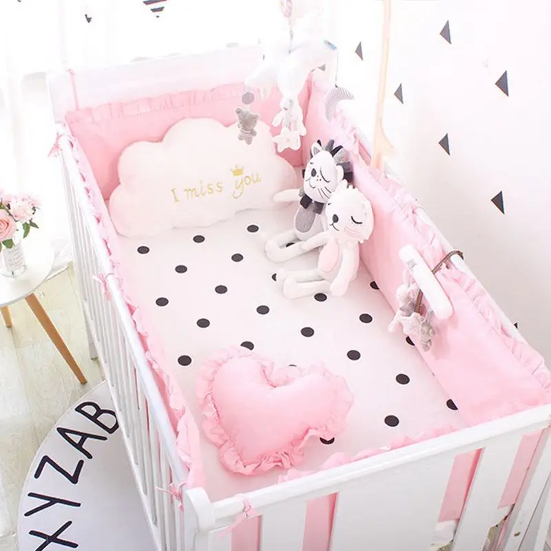 

5Pcs Set Nordic Baby Bumpers Set In The Crib Cotton White Pink Dot Color With Ruffle End Protective Barrier For the Cot Kids Bed