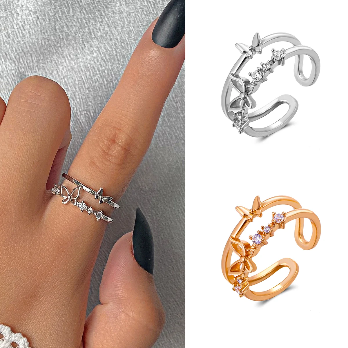 

Copper inlaid zircon double layer butterfly ring high-end sweet niche open ring new product
