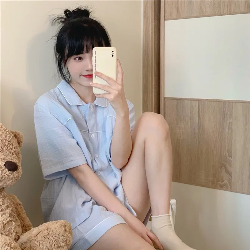 

Home clothes two-piece set women's summer French sweet Spice Girl design sense of niche gentle short sleeved pajamas pajamas paj
