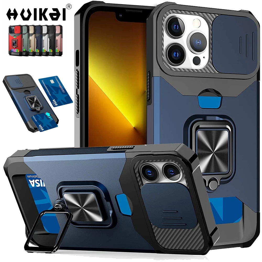 

Case For iPhone 14 13 12 11 Pro Max XS SE 8 Slide Camera Kickstand Card Holder Slot Heavy Duty Protective With Ring Stand Cover