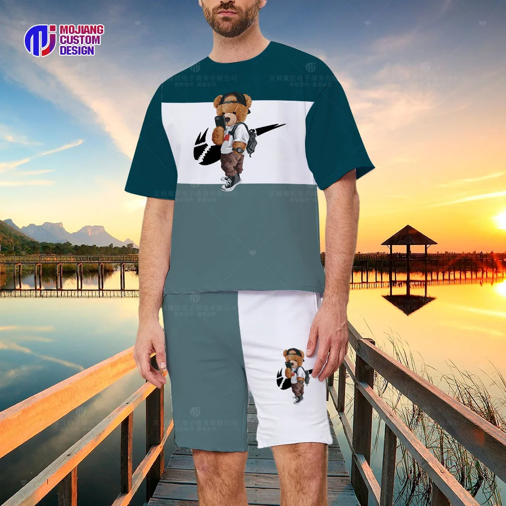 New 2023 Sports Brand Bear Letters Men's T-shirt Suit Fashion Sportswear 3D Printing Loose Beach Shorts Shorts Casual Hello Patt
