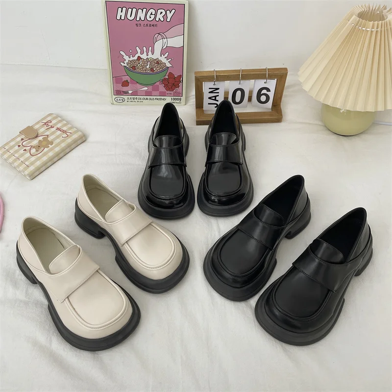 

Round Toe Casual Woman Shoe Clogs Platform Autumn British Style Slip-on Oxfords Soft Loafers With Fur Creepers Fall Summer Prepp