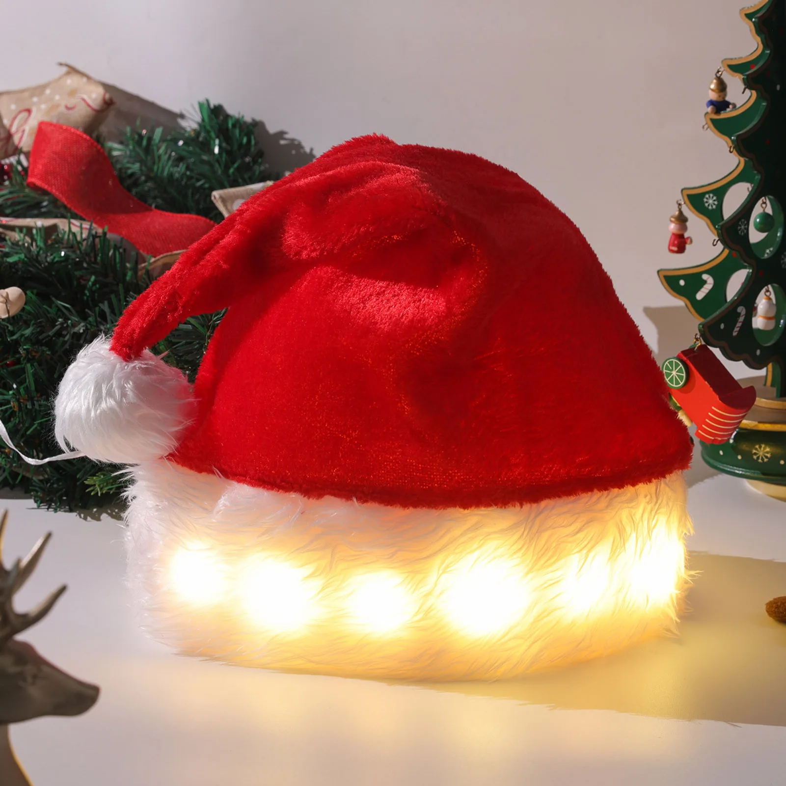 

Рождественская световая шапка со светодиодный светильник кой, утолщенная плюшевая шапка Санта-Клауса с плюшевыми полями, мягкие бархатные ...