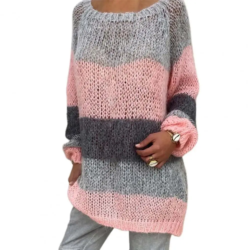 

O-Neck Long Sleeve Coldproof Knitted Sweater Striped Patchwork Hollow Crochet Women Sweater Female Clothing
