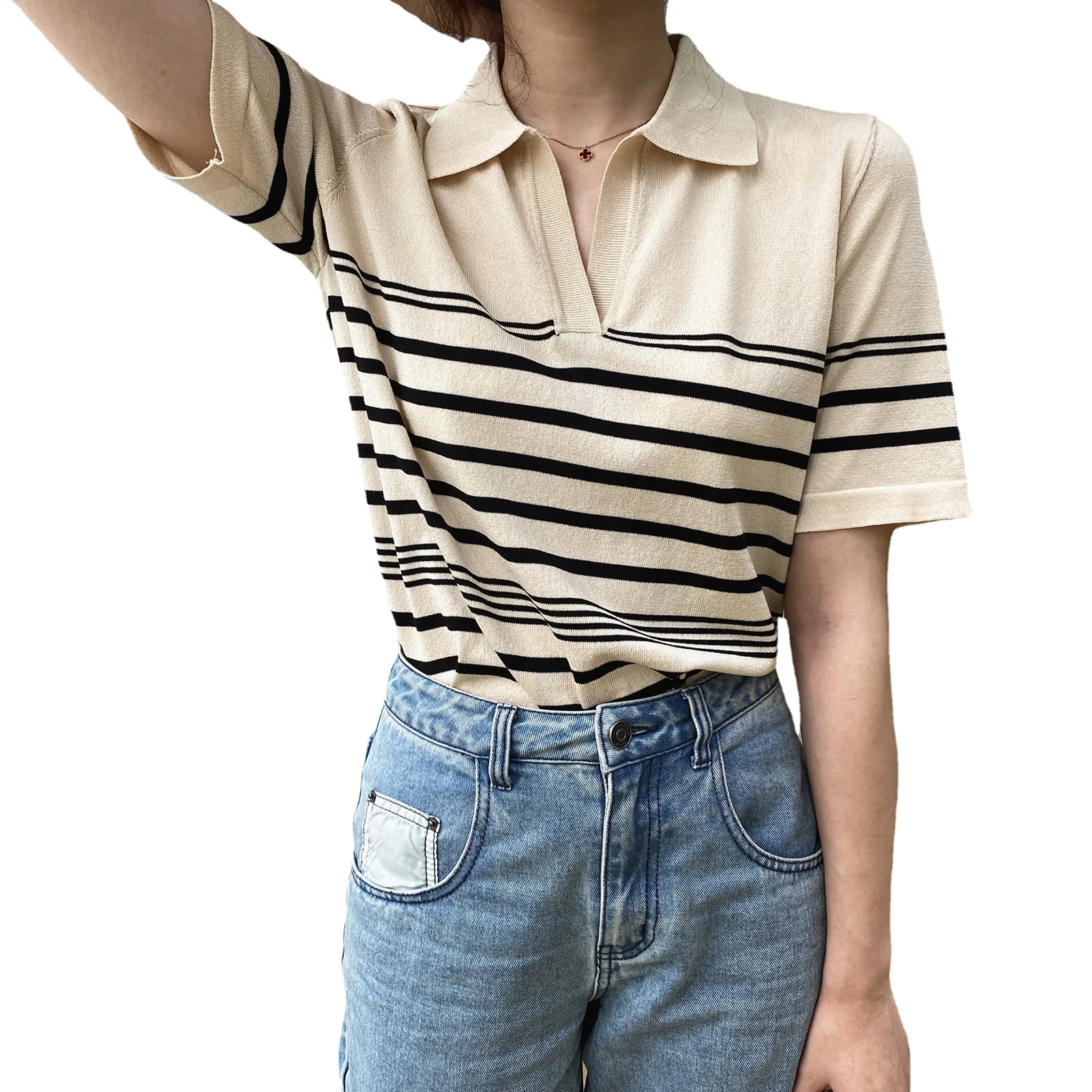 Knitted Striped T Shirt French Style Clothes New Summer Tops Tshirt Women Short Sleeve T-Shirts Turn-Down Collar Tee Shirt Femme